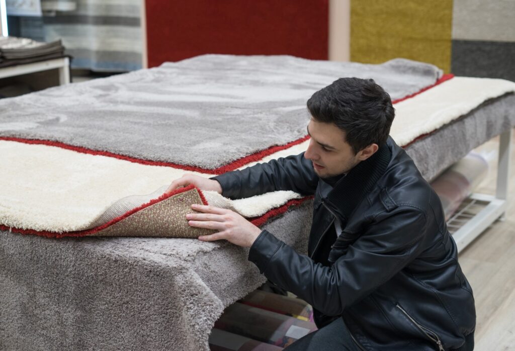 Technician inspecting a carpet for mold and mildew damage.