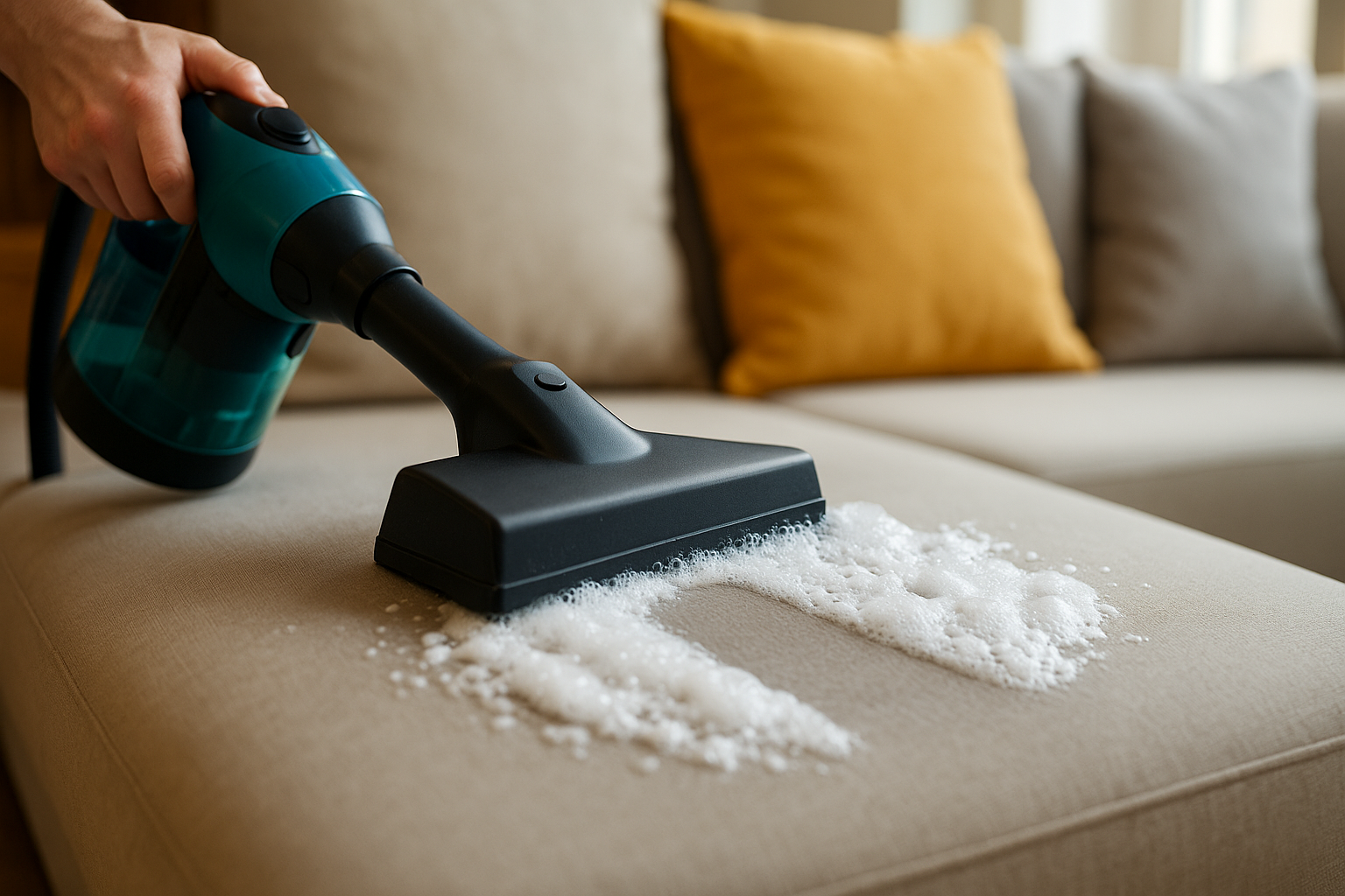 Upholstery cleaner using handheld extraction tool on a beige fabric sofa.