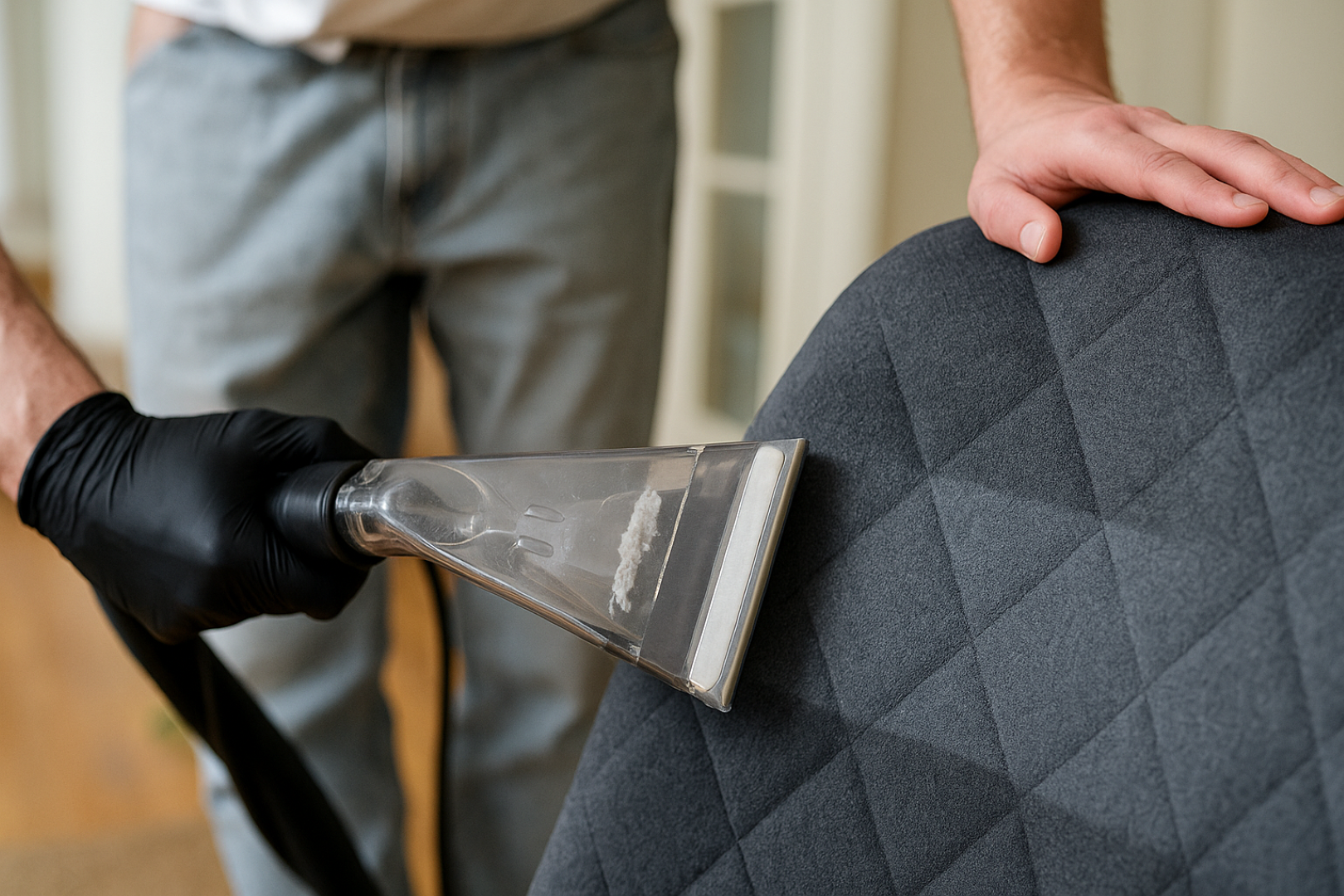 Close-up of vacuum nozzle lifting debris from patterned armchair during upholstery cleaning.